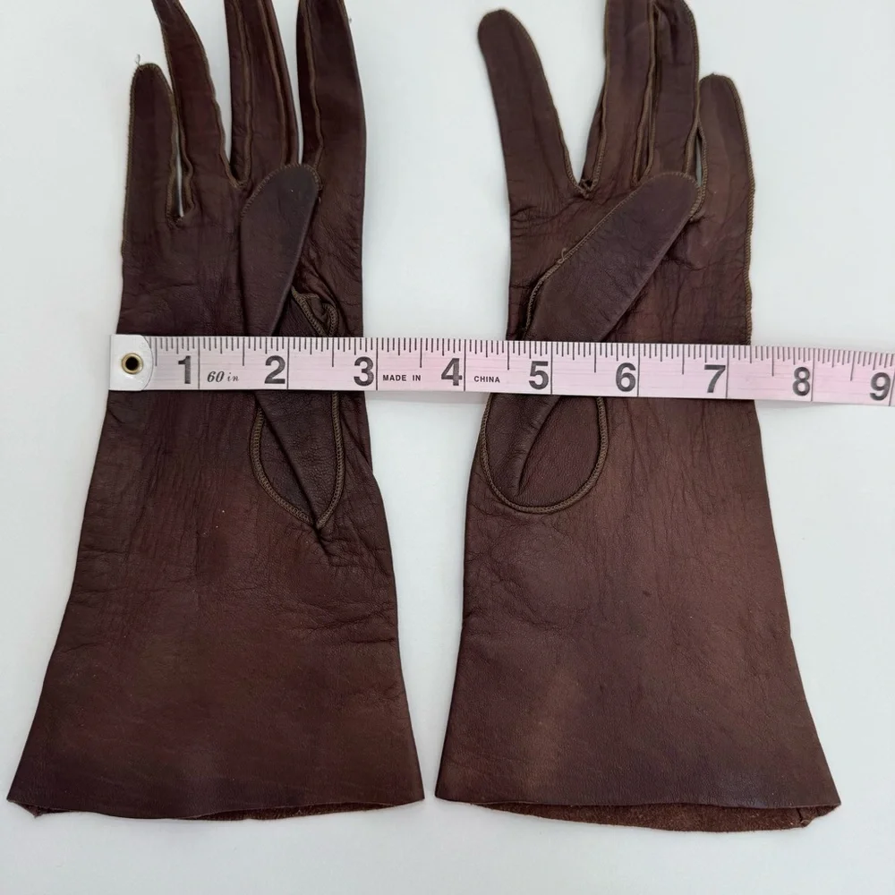 Vintage Embroidered Leather Gloves Women’s Brown